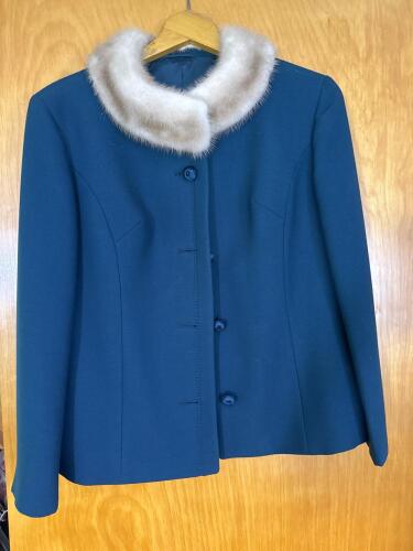 Women's Small Dark Blue Wool Jacket with Fur Collar