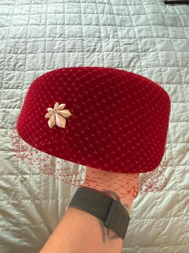Vintage Red Velvet Pillbox Hat with Veil