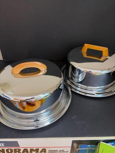 Pair Everedy Chrome Cake Carriers with Wood Handles