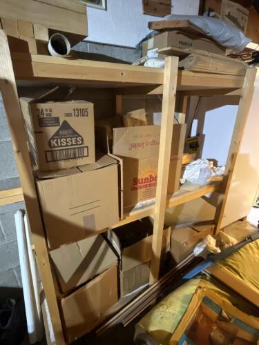 Pickers Lot with Mixed Wood and Glass Jars with Shelving Unit