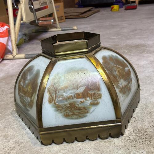 Currier & Ives Hexagonal Glass Ceiling Light with Winter Scenes
