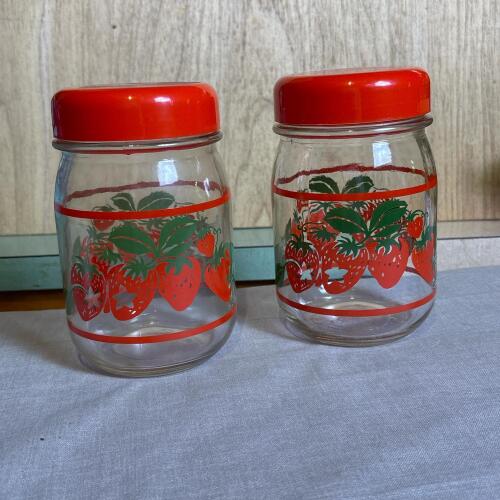 Pair of Strawberry Glass Canisters with Red Lids