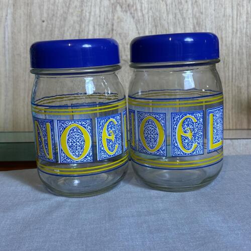 Pair of No&euml;l Blue and Yellow Glass Canisters with Lids