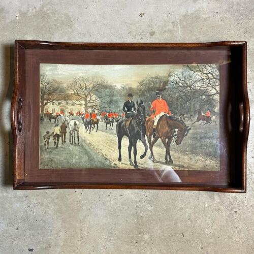 Vintage Wood Serving Tray with Equestrian Hunt Scene