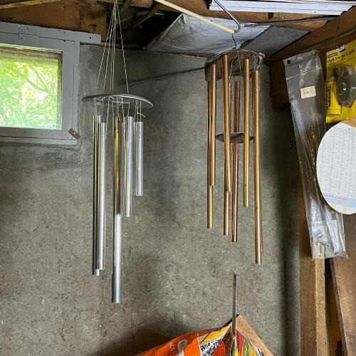 Pair of Metal Wind Chimes, Silver and Bronze