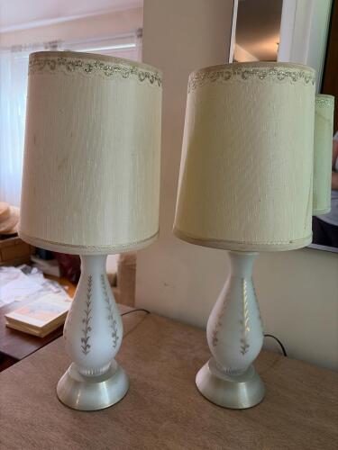 Pair Frosted Glass Table Lamps with Cream Shades
