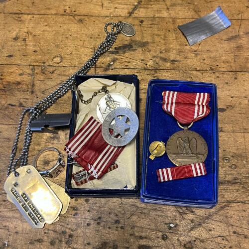 Assorted Military Medals, Dog Tags, Paris Ring, Saint Medal