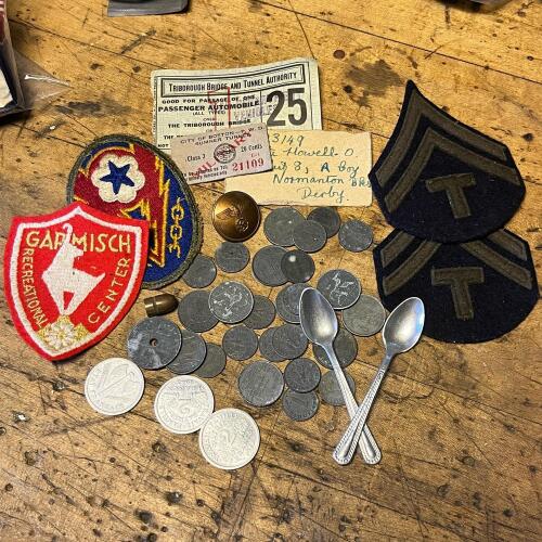 Assorted Vintage Ephemera, Military Patches, Foreign Coins And WW2 "Trophies"