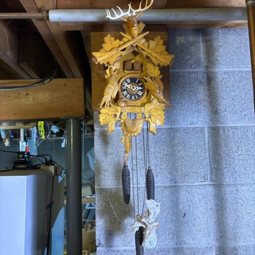 Carved Wooden Forest-Style Cuckoo Clock with Weights