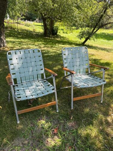Pair Vintage Webbed Aluminum Lawn Chairs