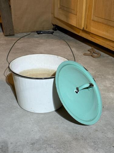 Vintage Enamelware Lidded Pail with Handle