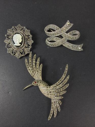 Three Sterling Silver Marcasite Brooches, 41.25 grams