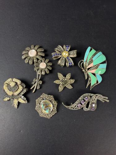 Seven Sterling Silver Marcasite Brooches