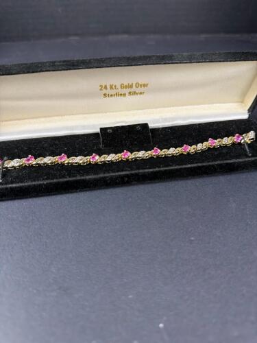 Gold Plated Sterling Silver Bracelet with Pink Stones