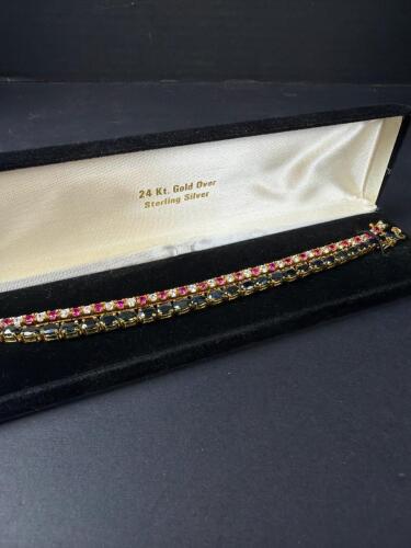 Pair Gold Over Sterling Silver Gemstone Tennis Bracelets