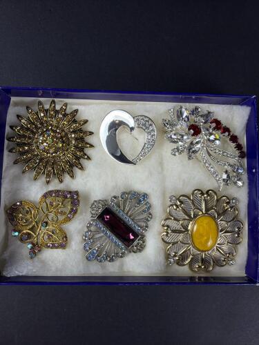 Six Vintage Costume Brooches with Rhinestones