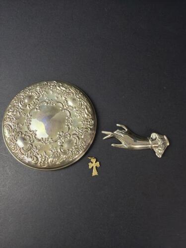Towle Sterling Compact, Beau Sterling Pin, 14K Gold Cross