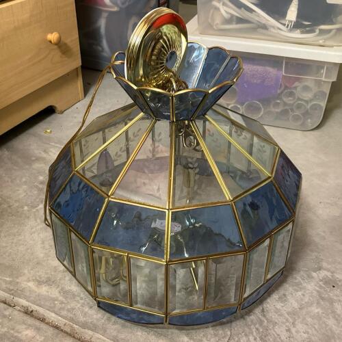 Brass and Blue Glass Hanging Chandelier