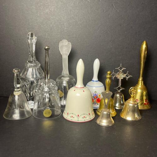 Assorted Glass, Brass, and Porcelain Bells