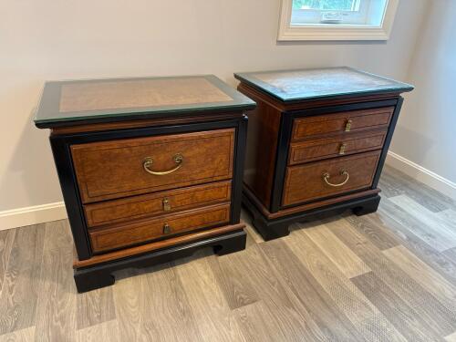 Pair of Wood and Black Trim Nightstands with Glass Tops