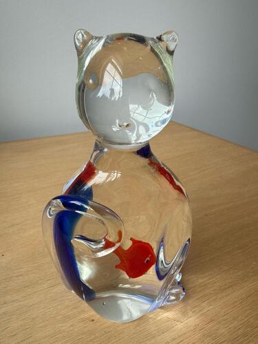 Glass Cat Figurine with Red Fish Detail