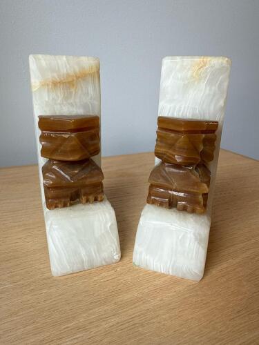 Pair Carved Stone Bookends with Tiki Motif