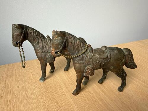 Pair Cast Metal Horse Figurines with Saddles