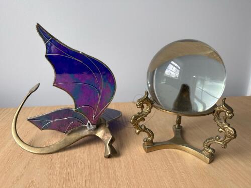 Glass Dragon Sculpture and Brass Stand with Crystal Ball