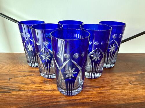 Six Cobalt Blue Cut to Clear Crystal Glasses