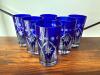 Six Cobalt Blue Cut to Clear Crystal Glasses