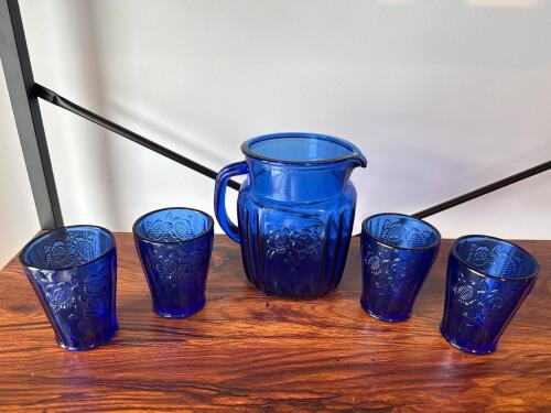 Cobalt Blue Glass Pitcher with Four Tumblers