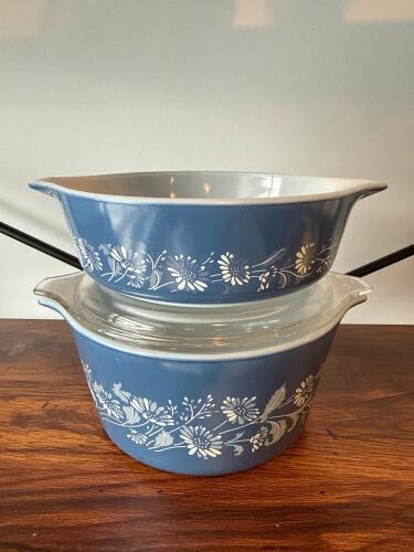 Pyrex Blue and White Daisy Cinderella Casseroles