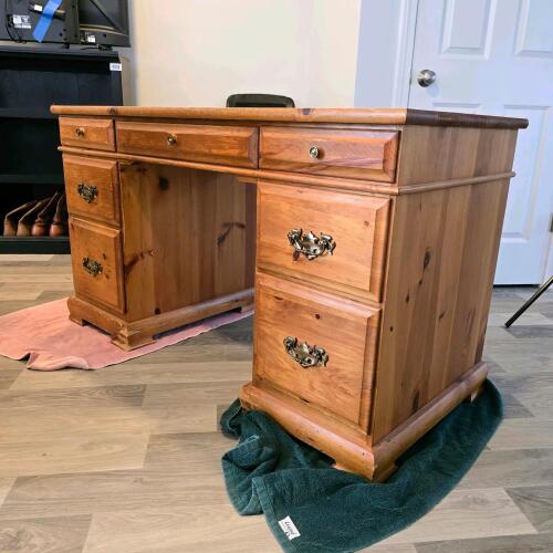 Pine Pedestal Desk with Brass Handles