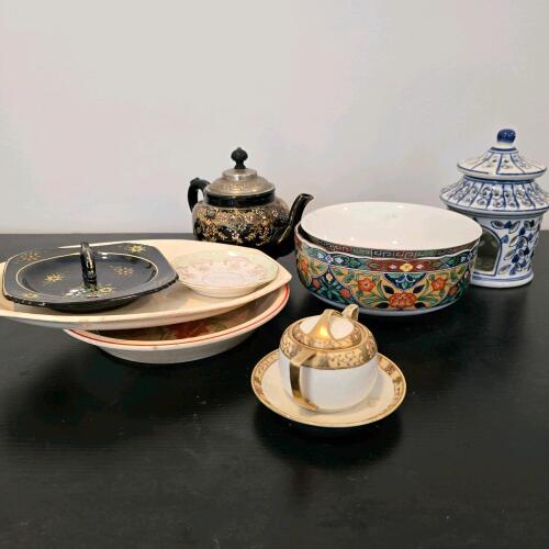 Assorted Decorative Bowls, Teapot, Plates, and Candle Holder