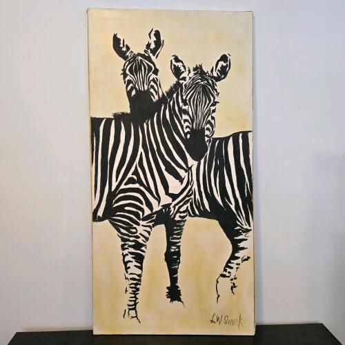 Zebras Painting Signed L.W. Swank 48"x24"