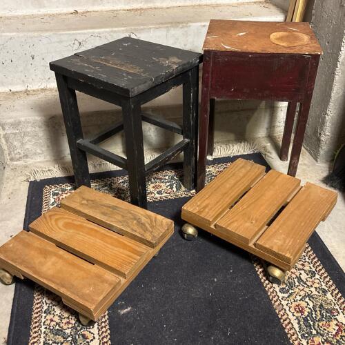 Two Wooden Stools & Two Wooden Dollies