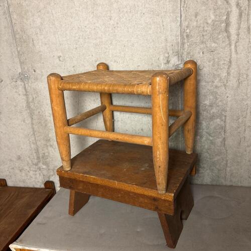 Vintage Wooden Step Stool and Woven Seat Stool