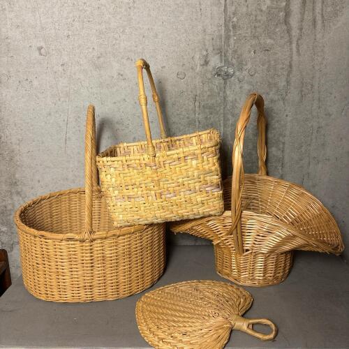 Three Woven Wicker Baskets & Hand Fan