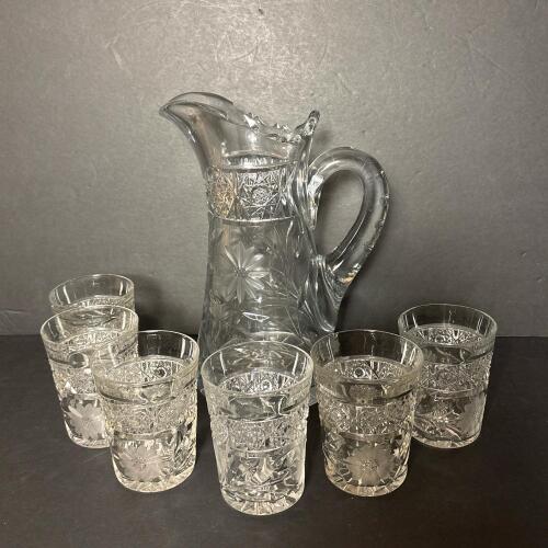 Vintage Etched Glass Pitcher and 6 Tumblers with Floral Design