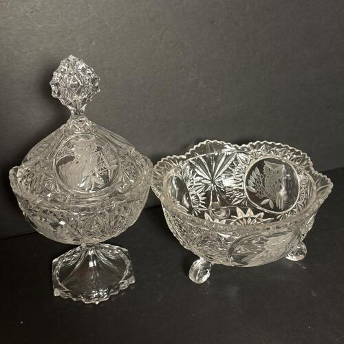 Vintage Owl Motif Etched Glass Candy Dish & Bowl