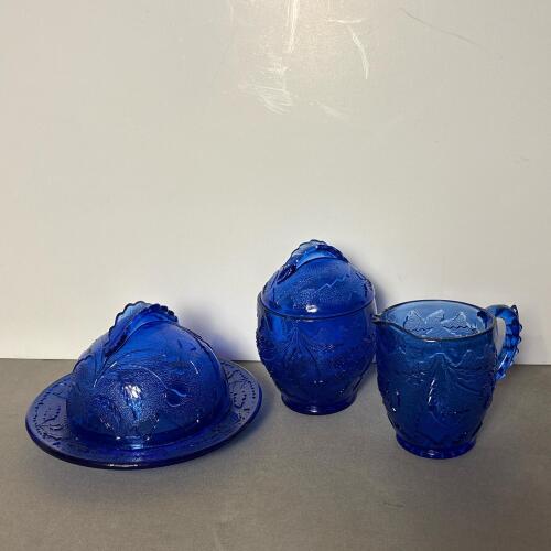 Cobalt Blue Pressed Glass Butter Dish, Sugar Bowl, & Creamer Set