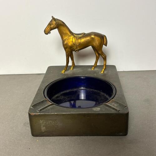 Vintage Metal Horse Ashtray with Cobalt Glass Insert