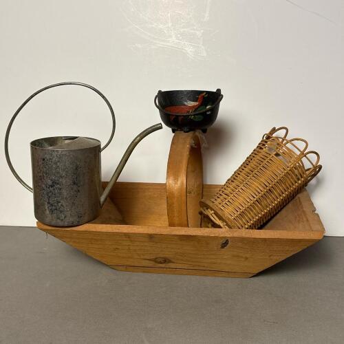 Vintage Home Goods: Cast Iron Pot, Baskets, & Small Watering Can
