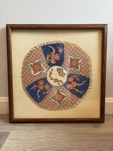 Framed Floral Round Needlepoint Embroidery