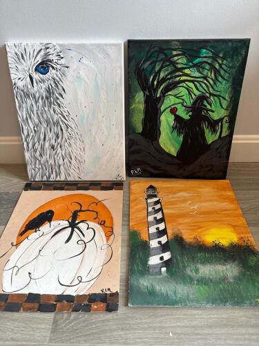 Four Original Acrylic Paintings: Owl, Witch, Pumpkin, Lighthouse Signed