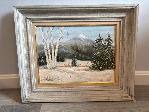 Vintage Framed Winter Landscape Oil Painting, Signed Olivia 1992