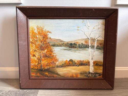 Vintage Framed Autumn Landscape Oil Painting on Canvas Board