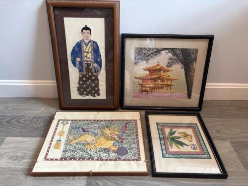 Four Framed Asian-Inspired Needlepoint Works