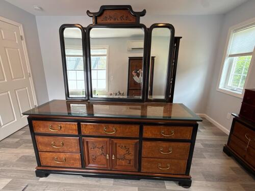 Asian-Style Dresser with Glass Top and Mirror