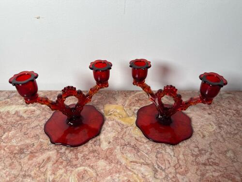 Pair of Ruby Red Glass Double Arm Candle Holders